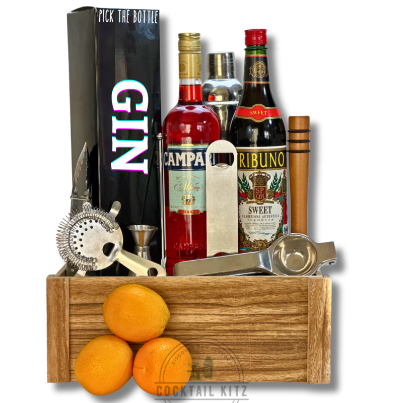 Negroni cocktail kit, cocktail making kit, gin cocktail, Italian cocktail, Campari, vermouth, DIY cocktail kit, gift ideas, mixology, bar tools, home bartending, cocktail recipes, Negroni variations, garnishes, cocktail glasses.