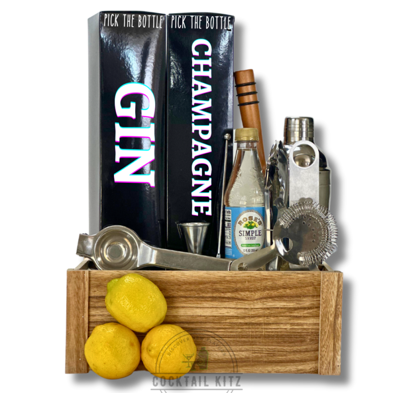 French 75 cocktail kit, cocktail making kit, home bartending supplies, cocktail gift set, gin and champagne cocktail, mixology kit, cocktail shaker set, bartender kit, French 75 recipe, cocktail accessories, gift, christmas gift